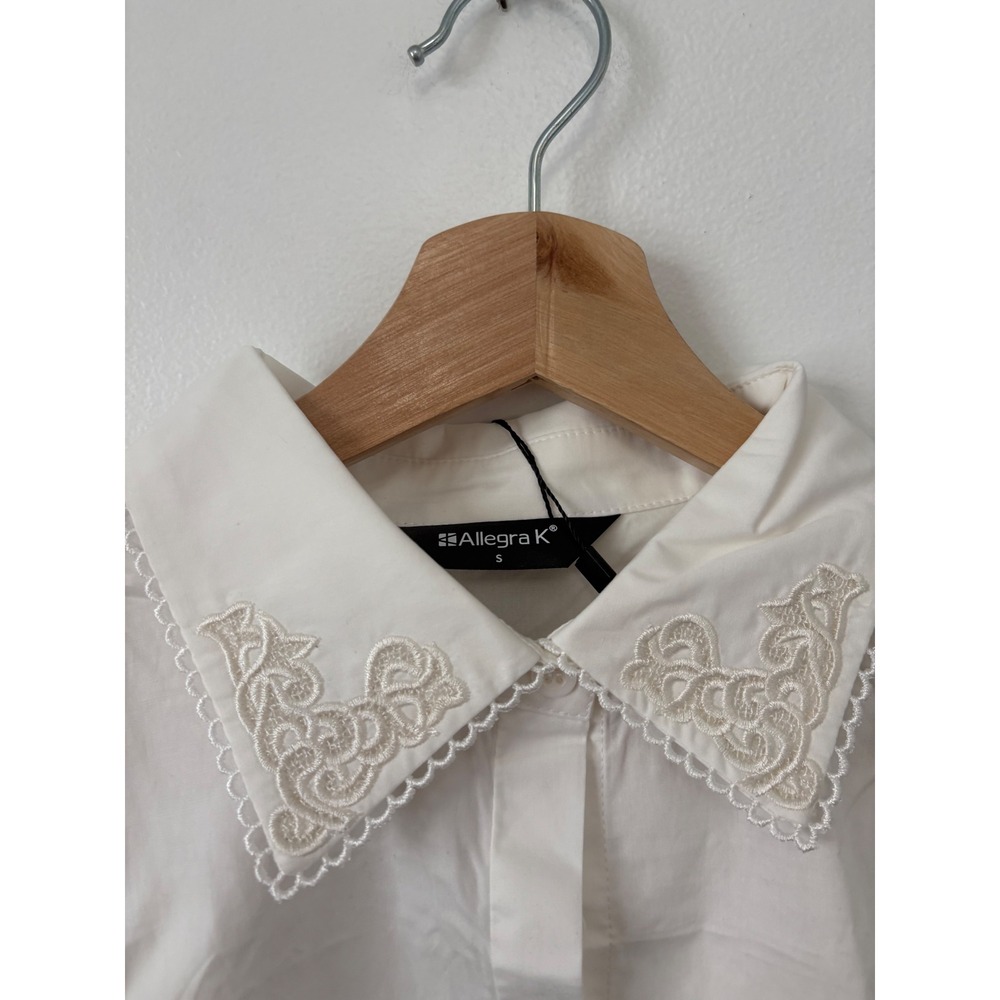 Women's Allegra K Embroidered Collar Button-Down Shirt White Size Small — image 3 of 5
